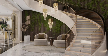 Geschwungene Marmortreppe hinaufführend gläsernes Geländer umgebend zwei runde beige Sessel stehend modern eingerichteter Raum üppig beleuchtet mit Kronleuchtern grüne Pflanzen an dunkler Holzvertäfelung an Wand hängend