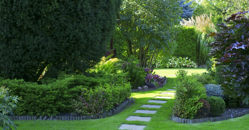 Steinpfade verlaufen durch einen gepflegten Garten umgeben von üppigem Grün und verschiedenen Sträuchern und Bäumen in einem Hinterhof oder Park.
