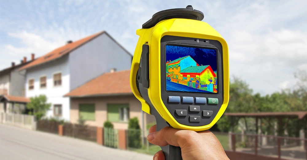 Wärmebildkamera mit Aufnahme eines Hauses am Display, Einfamilienhaus - Motiv im Hintergrund zu sehen