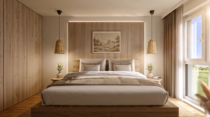 Galerie-Bild 3: Sunset Fields Laxenburg Schlafzimmer mit Doppelbett und Holzwanverkleidung