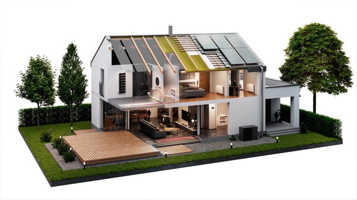 Galerie-Bild 1: Rendering eines Quersschnittes vom Einfamilienhaus mit Skizzierung der Heiz- und Kühlsyteme