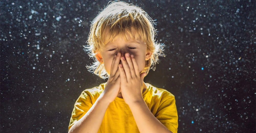 kleiner blonder Junge steht inmitten von fliegendem Staub und muss stark niesen. 