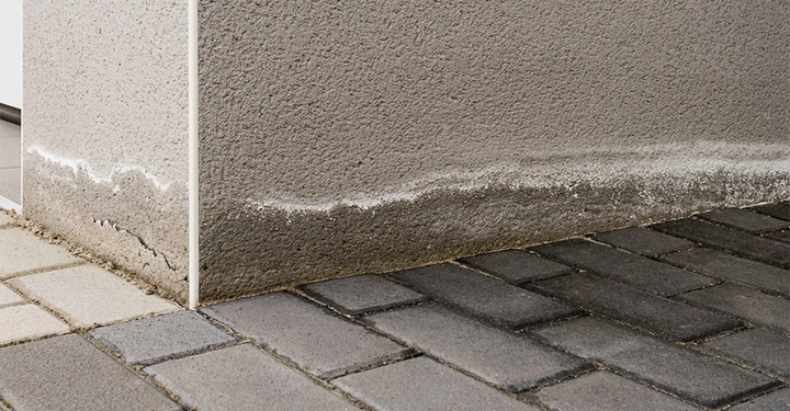 Ecke eines Gebäudes zeigt aufsteigende Feuchtigkeitslinien darauf eine helle Verfärbung Aktion daneben ein gemusterter Pflastersteinboden Kontext.