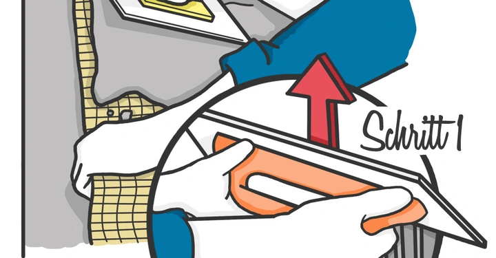 Zwei Hände halten Kellen und tragen Putz auf ein Gittergeflecht auf. Schritt 1 zeigt eine orange Kelle, Schritt 2 eine gelbe Kelle. Hintergrund ist eine graue Wand.