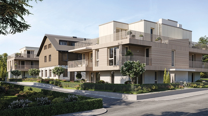 Rendering von Holz-Beton-Wohnbau im modernen Stil inmitten grüner Natur