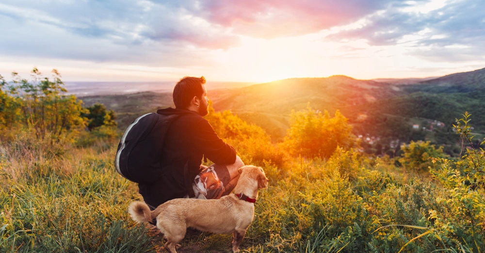 Ein Mann mit Rucksack und ein Hund sitzen auf einem grasbewachsenen Hügel und beobachten den Sonnenuntergang über einem weiten Tal mit Bergen im Hintergrund.