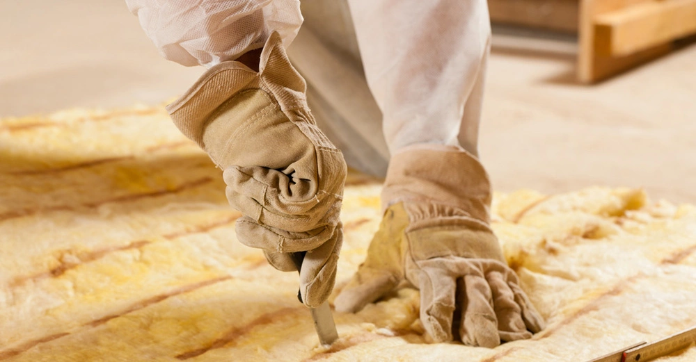 Mann mit dicken Arbeitshandschuhen schneidet mit Stanleymesser Glaswolle zur Dämmung 