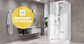Eckdusche stehend moderne graue Badezimmerfliesen mit Handtuch links und Hängewaschtisch rechts runder gelber Kreis mit Text 46 PRODUKT DER WOCHE im Vordergrund