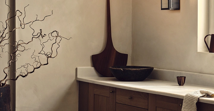 Badezimmer mit Waschtisch und aufgesetztem schwarzem Marmorbecken und Deko. im Vordergrund eine Trockenpflanze in großem Topf. 