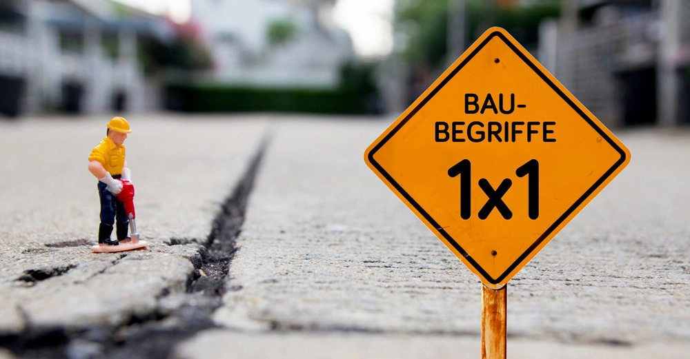 Ein Spielzeugbauarbeiter verwendet einen Presslufthammer in einem Betonriss auf einem Bürgersteig. Ein gelbes Baustellenschild daneben trägt den Text BAU-BEGRIFFE 1x1 mit verschwommenen Gebäuden im Hintergrund