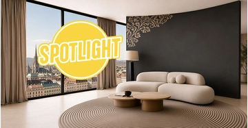 modernes Loft in Braun- und Beigetönen mit fugenlos gestalteter Wand und Boden.