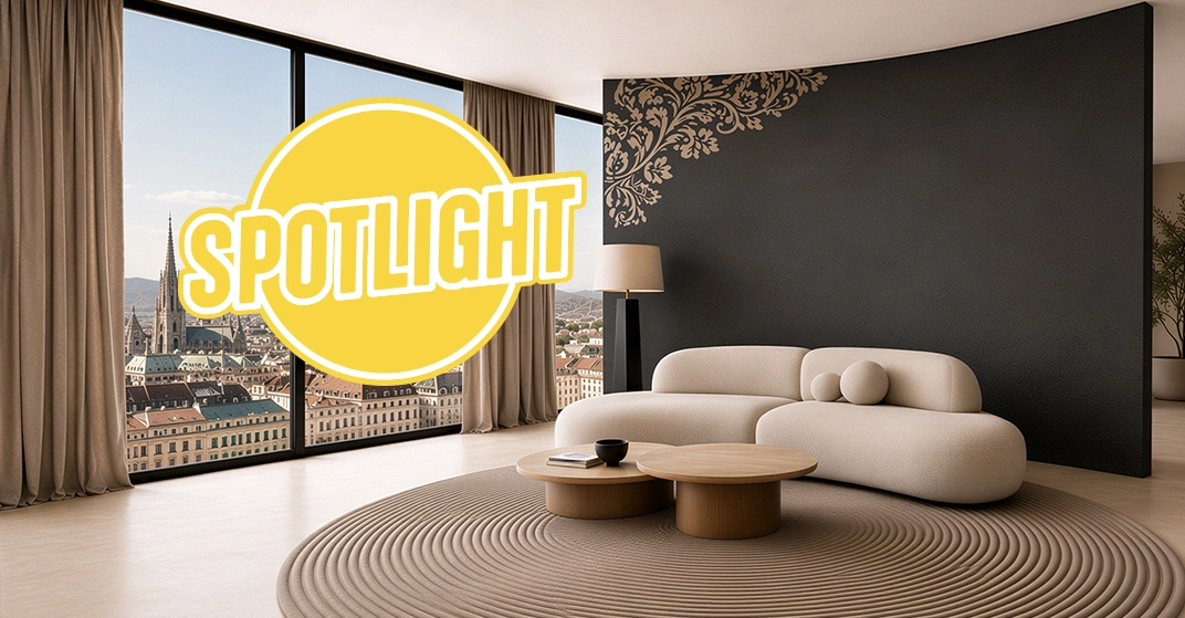 modernes Loft in Braun- und Beigetönen mit fugenlos gestalteter Wand und Boden.