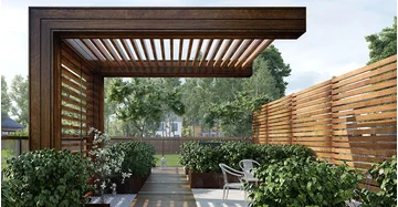 3D Rendering von großer Pergola mit Rückwand als Schattenspender über Terrassengang in Garten