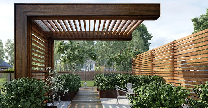 3D Rendering von großer Pergola mit Rückwand als Schattenspender über Terrassengang in Garten