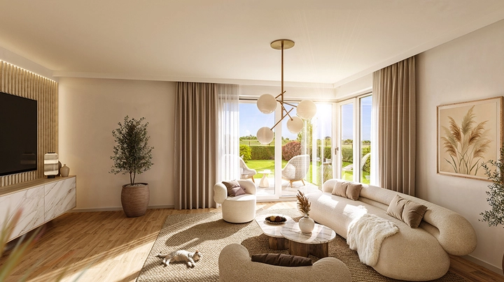 Galerie-Bild 1: Sunset Fields Laxenburg lichtdurchflutetes Wohnzimmer mit Ausgang zur Terrasse