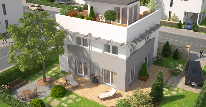Moderne zweistöckige Villa steht auf gepflegtem Grundstück mit Rasenflächen und einem Baum zwei Sonnenliegen stehen auf der Terrasse ein Esstisch mit Stühlen im Garten Wohnstraße mit Autos und Fußgänger im Hintergrund