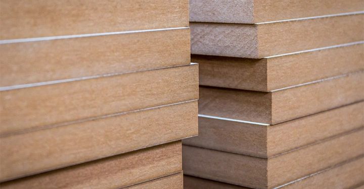 Holzplatten sind ordentlich übereinander gestapelt in einer Werkstatt. Die Platten sind in zwei hohen Stapeln angeordnet, die dicht nebeneinander stehen.