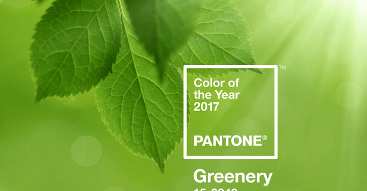 Galerie-Bild 10: Grüne Blätter hängen im Sonnenlicht mit strahlenden Sonnenstrahlen umgeben von einem weichen unscharfen, grünen Hintergrund Text Color of the Year 2017 PANTONE Greenery 15-0343