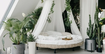 weißes rundes Bett mit Insektenschleier in weißem Schlafzimmer. Rundherum grüne Zimmerpflanzen auf Boden, Hockern, Tischchen. U.a. Efeu, das von oben wächst, Kakteen, Einblatt mit weißer Blüte.