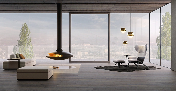 Galerie-Bild 4: Schwebender Kamin brennt im modernen Wohnzimmer mit großen Glasfenstern hellem Sofa Couchtisch und Hängelampen mit Aussicht auf die Stadt und Bäume im Hintergrund