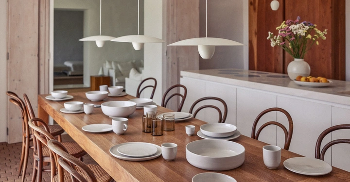 Holztisch gedeckt mit weißem Geschirr und Gläsern Sitzstühle aus Holz im halbmodernen Esszimmer Umgebung weiße Hängelampen und weiße Arbeitsplatte im Hintergrund Vase mit Blumen und Schale mit Früchten