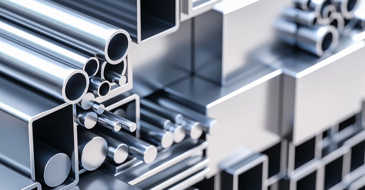 Silberne Metallrohre und -profile liegen gestapelt nebeneinander in verschiedenen Größen auf einem industriellen Lager.