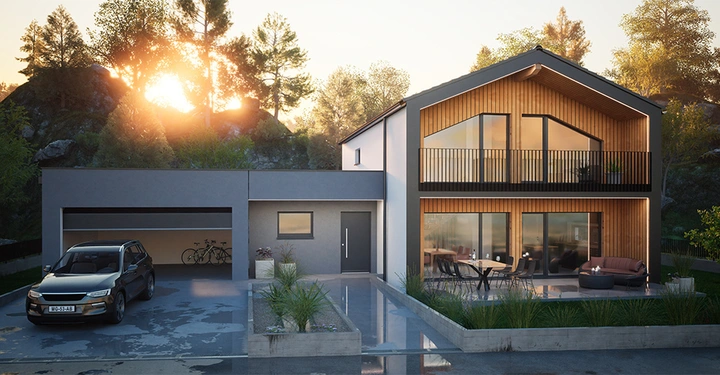 Galerie-Bild 5: Einfamilienhaus mit 2 Stockwerken und Steildach, angrenzende Garage, vor der ein Auto geparkt steht. Auf der Terrasse stehen gemütliche Terrassenmöbel. Hinter dem Haus geht gerade die Sonne unter. 