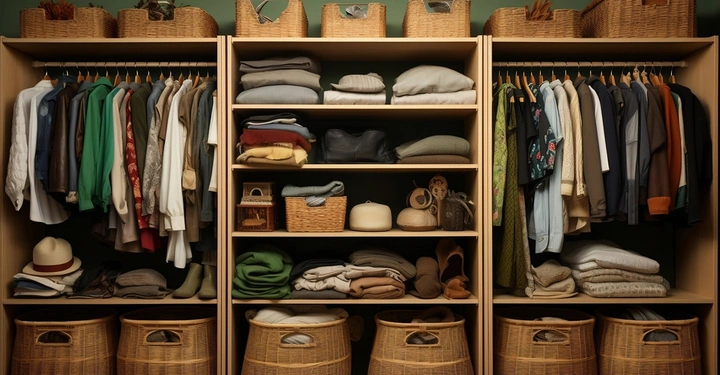 Mehrere Regale und Kleiderstangen mit Kleidung und Hüten in verschiedenen Farben und Stilen hängend beziehungsweise liegend. Körbe befinden sich sowohl oben als auch unten in einem gut organisierten Kleiderschrank.
