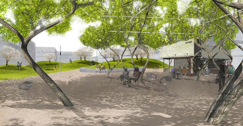 Menschen sitzen und gehen in einem von Bäumen beschatteten Park mit einem modernen Coffee-Shop Container und hügeligem grünen Rasen. Der Coffee-Shop trägt das Schild COFFEED.