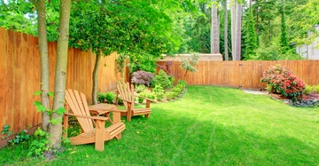 Holzstühle stehen ruhig unter einem Baum im gepflegten Garten mit grünem Rasen und umgeben von einem Holzzaun und dichter Vegetation im Hintergrund.