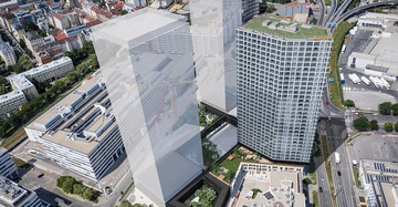 Ein hohes Gebäude mit dem Schriftzug "BUWOG" oben steht in einem urbanen Gebiet umgeben von weiteren Gebäuden und Straßen. Drei halbtransparente Gebäude sind zusätzlich zu sehen.