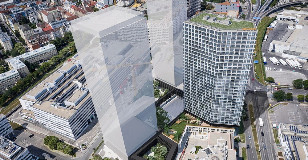 Ein hohes Gebäude mit dem Schriftzug "BUWOG" oben steht in einem urbanen Gebiet umgeben von weiteren Gebäuden und Straßen. Drei halbtransparente Gebäude sind zusätzlich zu sehen.