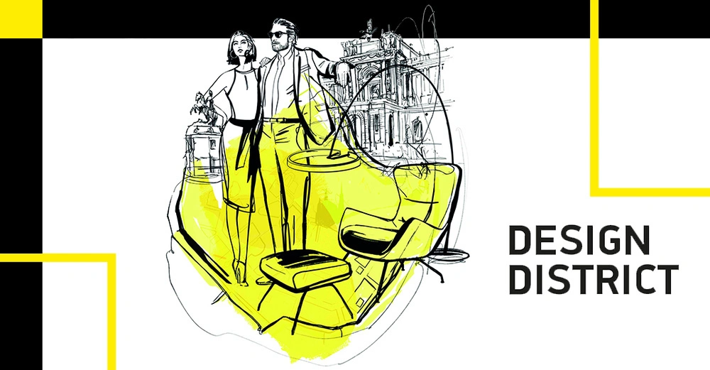 Zwei stilisierte Menschen posieren vor einem Gebäude auf einer modernen Zeichnung schwarze und gelbe Elemente mit Möbeln und Lampen rechts daneben der Text DESIGN DISTRICT