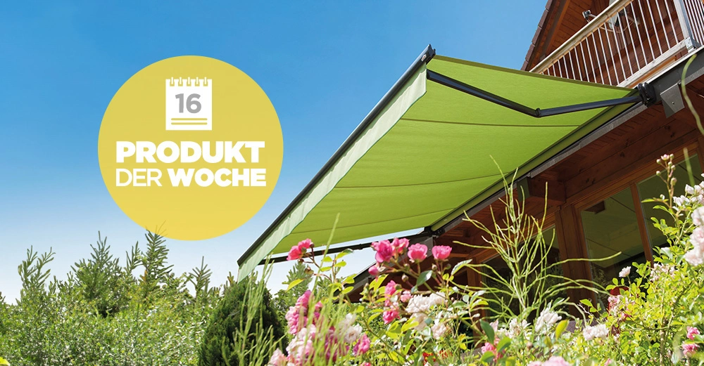 apfelgrüne Markise LUNA von Valetta ausgefahren an Einfamilienhaus, Garten mit vielen Blumen im Vordergrund, strahlender Sommerhimmel 