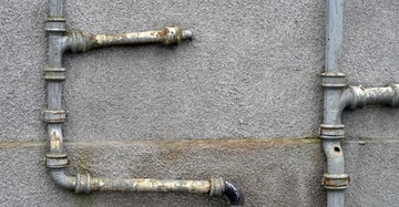 Alte Metallrohre verlaufen horizontal und vertikal entlang einer grauen Betonwand einige Rohre sind rostig und haben Gebrauchsspuren.