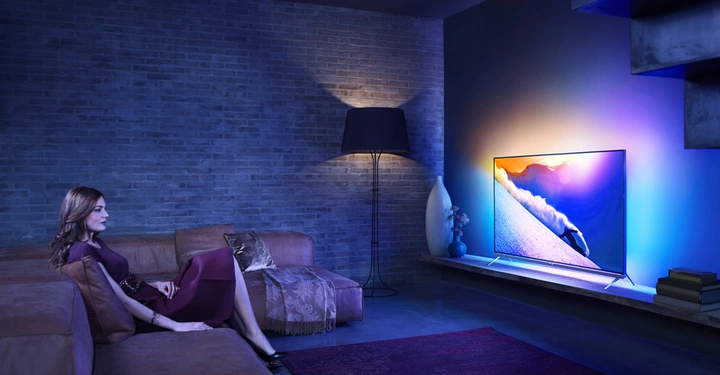 Galerie-Bild 2: Frau sitzt auf einem braunen Sofa und schaut fern. Der Fernseher zeigt ein Bild von einem Surfer. Im Hintergrund eine gemauerte Wand eine schwarze Stehlampe Bücher und Dekorationen.