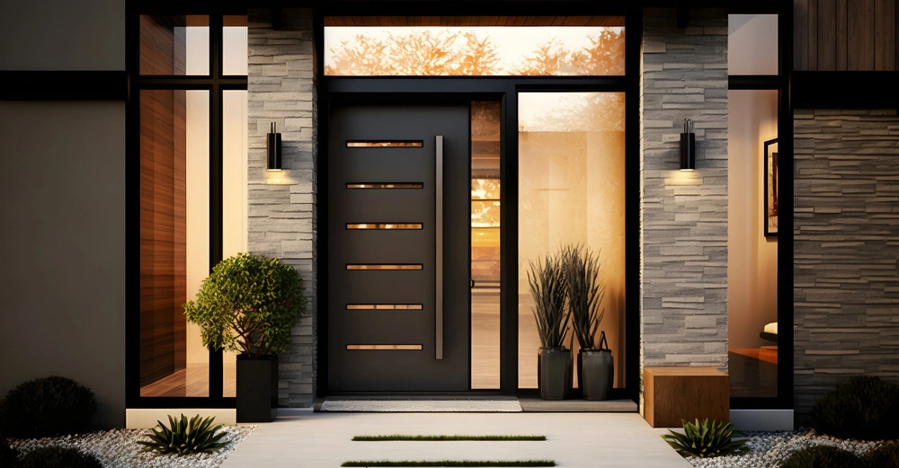 Moderne Haustür dunkelgrau eingebaut in eine Steinwand mit Glasfenster umgeben von Pflanzen innen und außen im abendlichen Umgebungslicht. Ein hölzerner Hocker rechts neben der Tür.