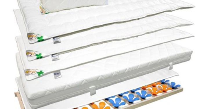 Mehrere übereinander gestapelte Matratzen verschiedene Dicke und ein Kissen aufeinanderliegend auf einem Lattenrost mit farbigen Kunststoff-Clips in einer hellen Umgebung