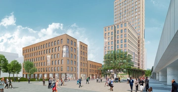 Mehrstöckige Gebäude verschiedener Höhen im modernen Stil Menschen laufen und interagieren auf einem städtischen Platz Bäume und Büsche bieten zusätzliches Grün unter einem blauen Himmel mit vereinzelten Wolken