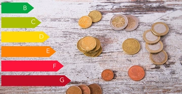 Münzen verschiedener Größen liegen verteilt auf einem Holztisch Farbenbalken in den Farben von grün bis rot mit der Beschriftung von A bis G sind links neben den Münzen angeordnet