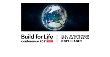 Globale Erde schwebend im Weltraum Text: Build for Life conference 2021 Presented by VELUX 15-17 TH NOVEMBER STREAM LIVE FROM COPENHAGEN