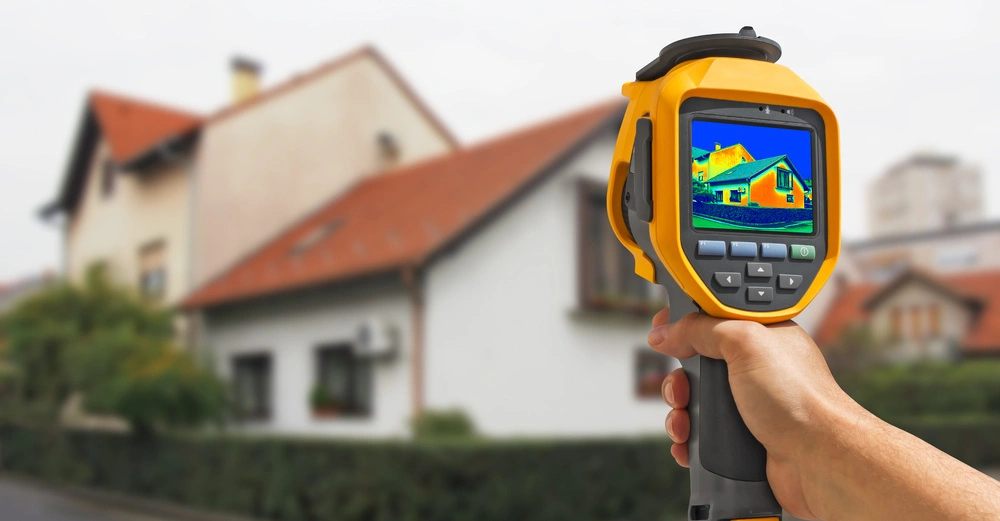 Eine Hand hält eine gelbe Wärmebildkamera, die ein Haus mit farbigen Temperaturunterschieden anzeigt, im Hintergrund stehen Häuser mit roten Dächern in einer Wohngegend.