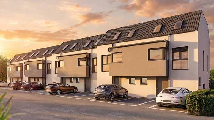 Sunset Fields Laxenburg Rückseitenansicht mit Parkplatz