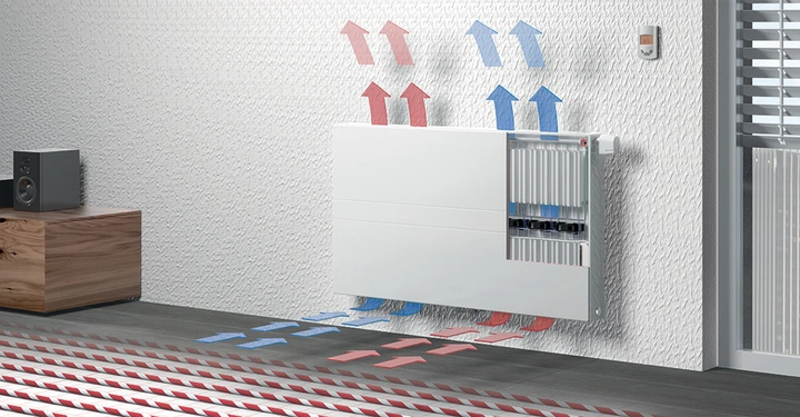 Ein weißer Heizkörper strömt rote warme Luft nach oben und blaue kühle Luft nach unten in einem modernen Raum mit grauem Boden und einer Holzeinheit.