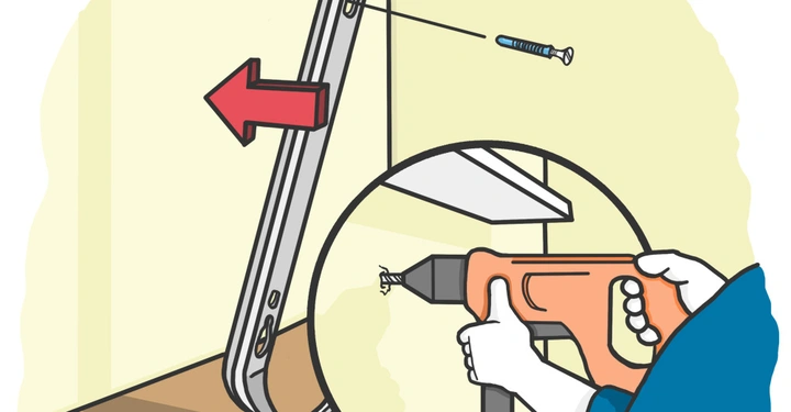 Mensch bohrt Schraube in die Wand um Metallregal zu befestigen Pfeil zeigt Bewegung Metallregal steht teilweise auf Boden Kontext zeigt Wand Bohrmaschine wird vom Menschen gehalten