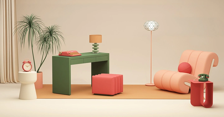 Konzeptioneller Wohnraum im Memphis-Stil mit roten Sesseln, rotem Regal, grünem Schreibtisch mit Schreibmaschine, Kunstobjekten, Uhr, Lampe und Teppich auf Betonboden. Als 3D-Rendering