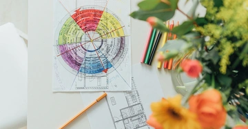 Auf Tisch liegt ein großer Farbkreis mit Fengshui-Regeln. Daneben ein brauner Bleistift und im rechten Bildrand ein wunderschöner oranger Blumenstrauß