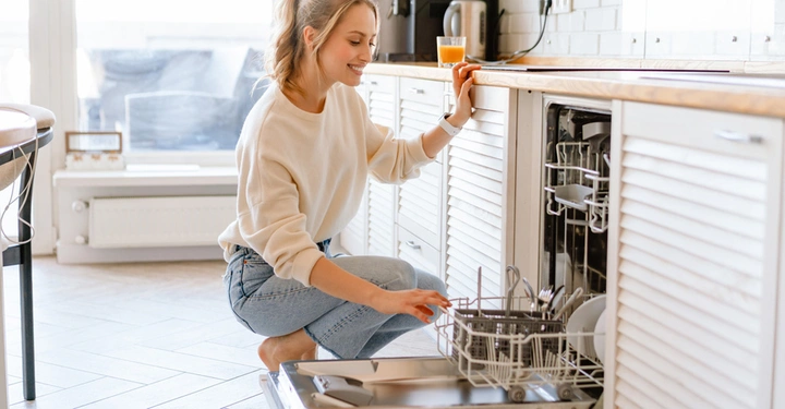 blonde lächelnde Frau in der Hocke räumt teilintegrierten Geschirrspüler ein. Auf der Anrichte steht ein Glas Orangensaft. Die Küche ist aus weiß gekalktem Holz. 