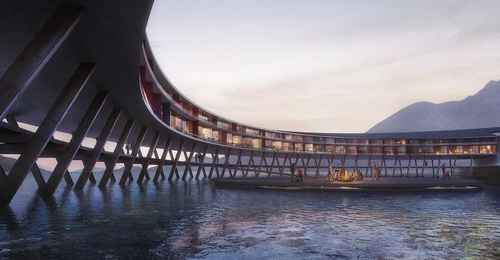 Galerie-Bild 2: Gebäude auf Stelzen umschließt Plateau mit Menschen um Lagerfeuer auf Wasserfläche im Hintergrund Berge bei Sonnenuntergang.