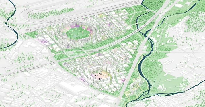 Illustration zeigt Stadtplanung mit Gebäuden Parks und Flüssen von oben. Zwei große kreisförmige Strukturen in der Mitte. Grünflächen und Straßen umgeben den Bereich. Texthinweise fehlen.